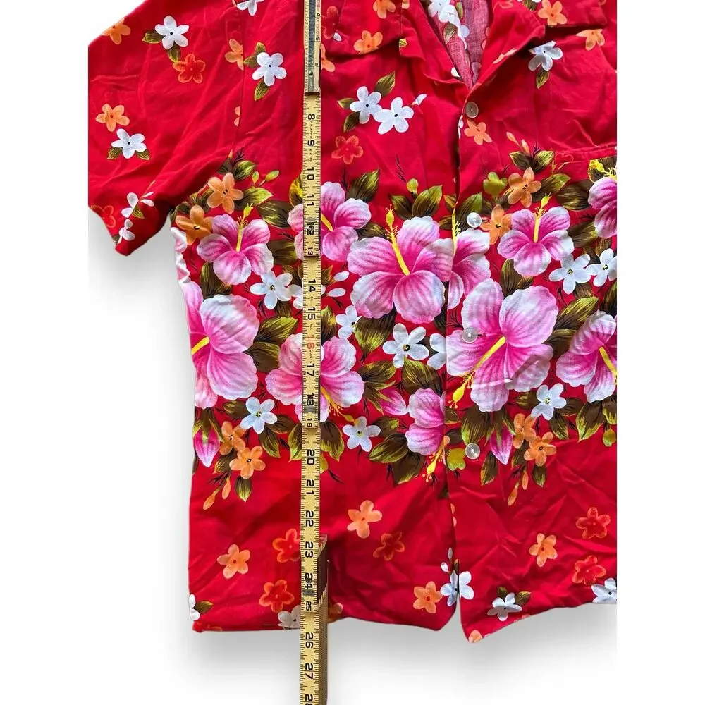 1960s Ui Maikai Hawaii Shirt Buttton Down Red Floral Aloha Hawaiian M